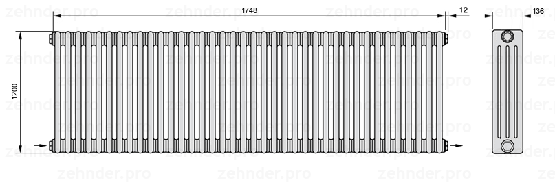 Схема (чертеж) Радиатор Zehnder Charleston 4120/38 №2670 Белый глянцевый RAL 9016